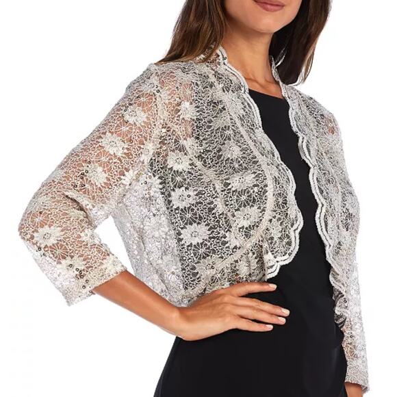 R&M Richards Jackets & Blazers - R&M Richards Size Medium Lace Bolero Shrug Jacket Sequin Champagne